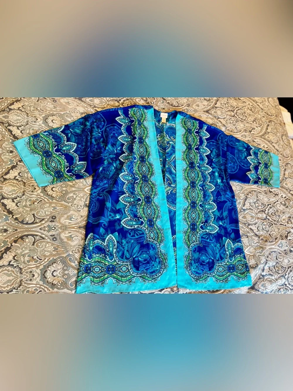 CHICO’S Silky Turquoise & Blue Paisley Medallion Open-Front Kimono Wrap Cardigan